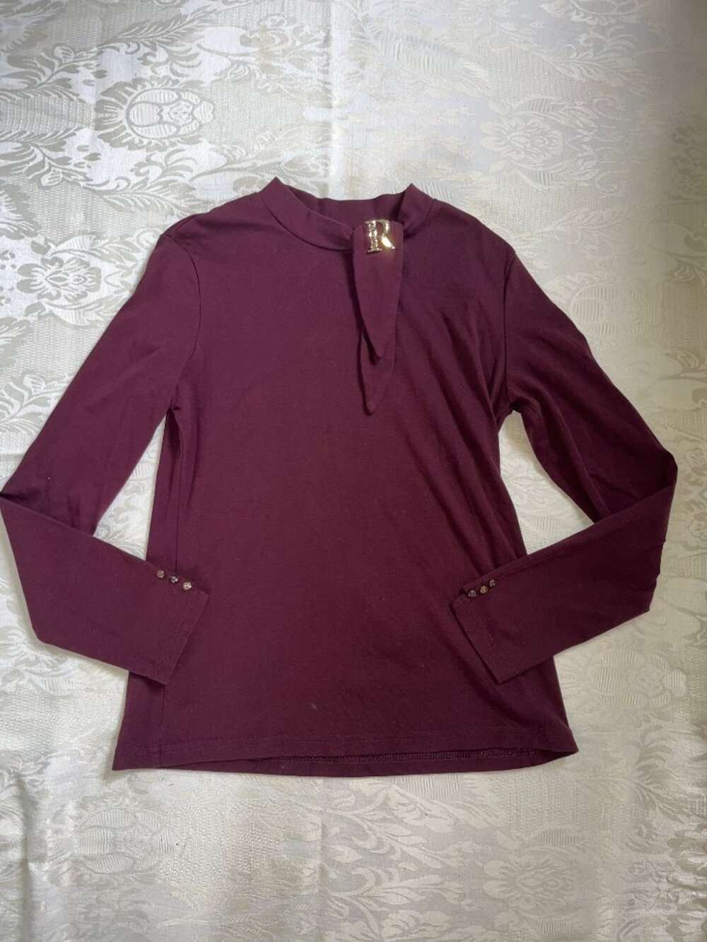 Plum Burgundy Mock Neck Long Sleeve Top with Gold R Brooch & Cuff Buttons M